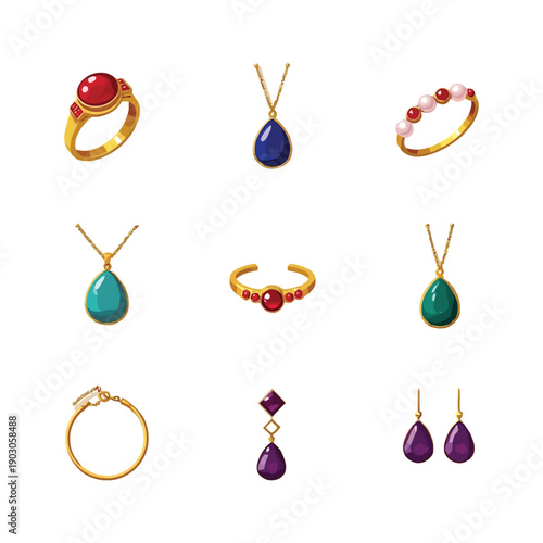 Elegant gold ring and pendant jewelry collection with colorful gemstones vector