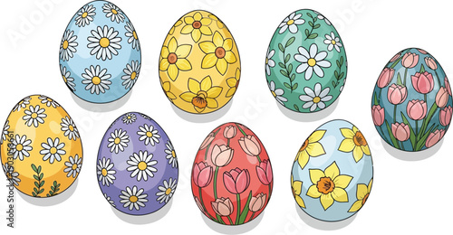Collection of eight beautifully illustrated and colorful holiday eggs decorated with various springtime floral patterns for easter celebrations