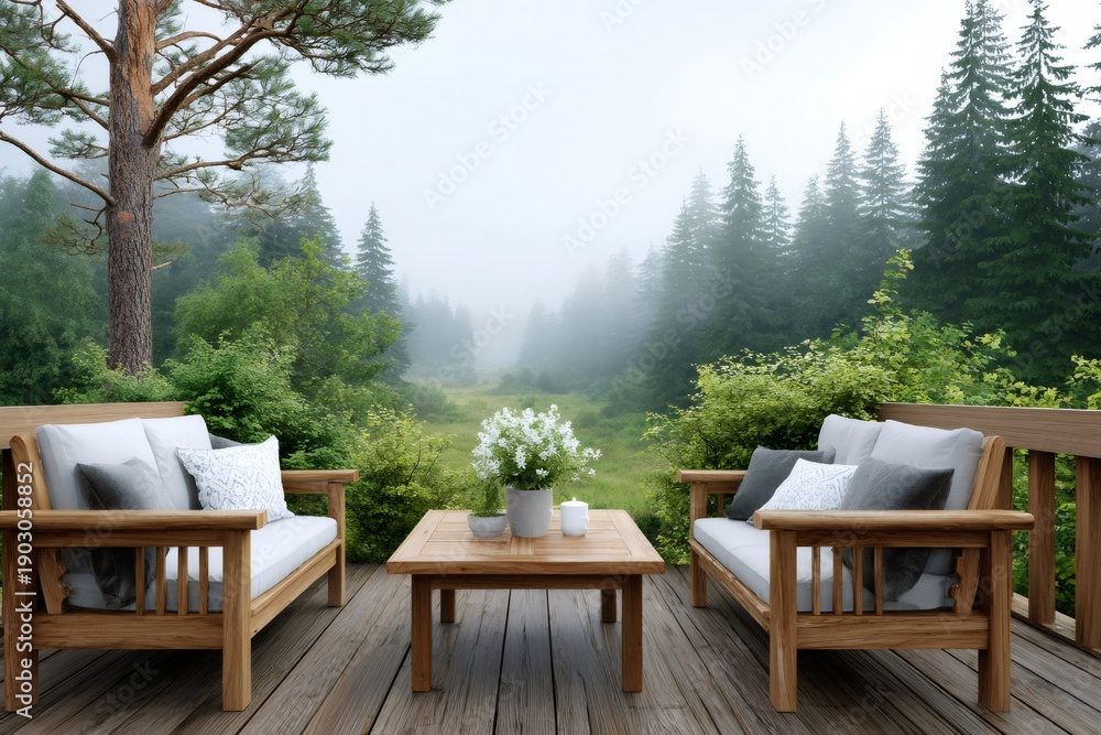 Fototapeta premium Wooden deck furniture on foggy forest morning