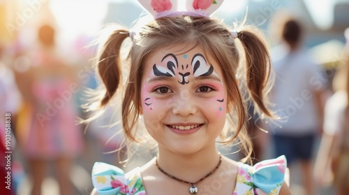 Young girl with bunny face paint and pigtails smiles at camera. She stands in a busy outdoor area with a joyful smile on her face.