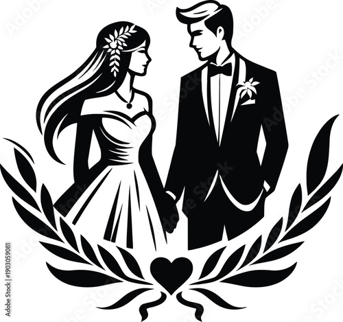 Black silhouette of a bride and groom holding hands surrounded by laurel leaves and a heart symbol representing love and marriage on a white background