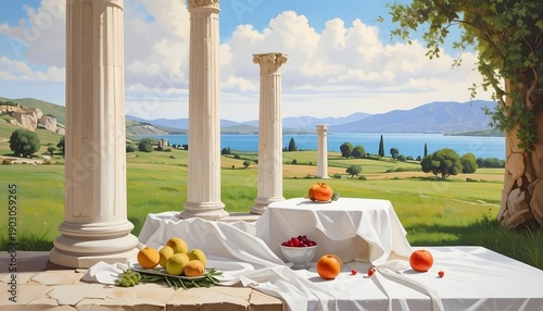 Fruit still life with white columns, green hills, and blue water backdrop