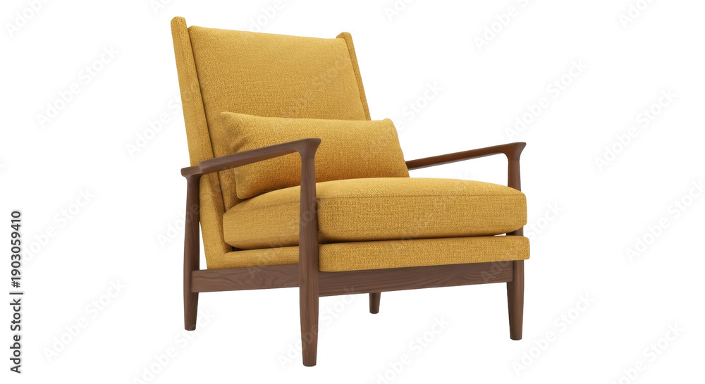 Fototapeta premium Mid-century modern yellow armchair isolated PNG, stylish lounge chair with wooden frame for living room and home decor