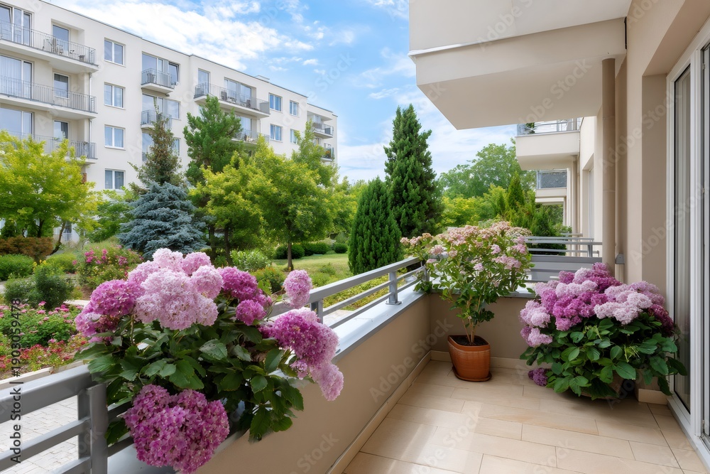 Obraz premium Apartment balcony overlooking green courtyard with pink hydrangeas