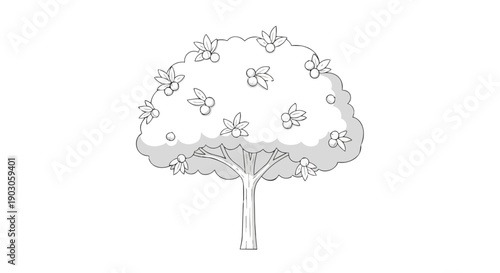 Minimalist line art rendition showcasing a bountiful fruit-bearing tree adorned with numerous leaves and small round berries, perfect for children's