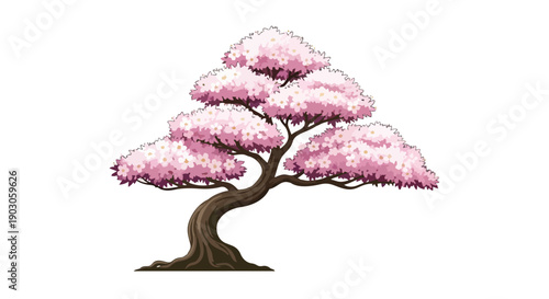 Vibrant pink blossom tree illustration in full bloom with graceful branches and delicate floral design