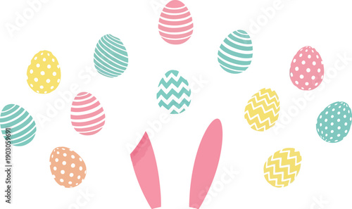 Whimsical illustration featuring stylized bunny ears peeking out from behind a vibrant collection of pastel decorated easter eggs floating against a clean white background.