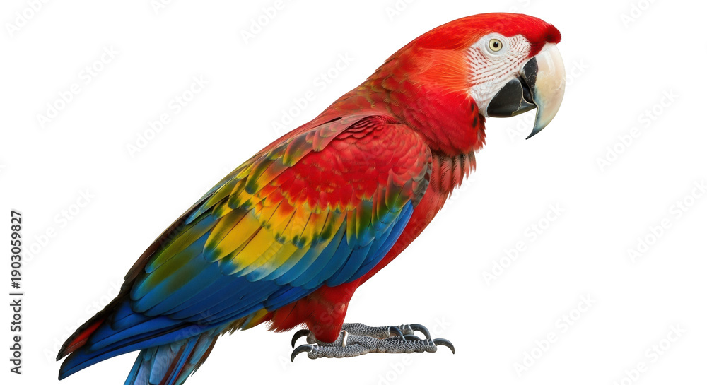 Obraz premium Scarlet macaw PNG isolated on transparent background, colorful parrot with red, yellow, and blue feathers, tropical bird for design projects