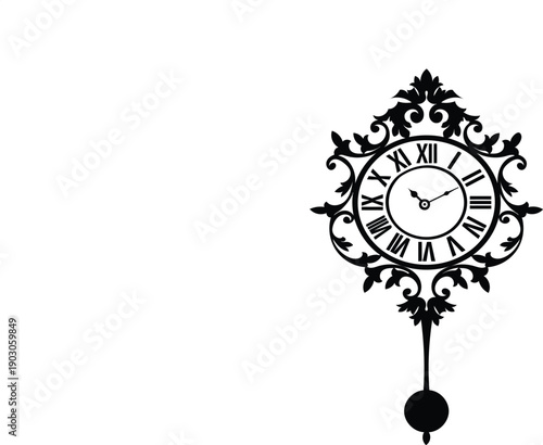 Decorative black silhouette of a pendulum clock with Roman numerals and ornate filigree framing Keywords: silhouette, clock, pendulum clock, Roman numerals