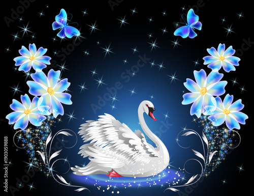 White swan surrounded by a glowing flowers, sparkling lights on a dark blue background. Magical decorative illustration.