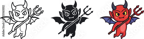 Cute devil characters in various colors with horns and pitchforks
