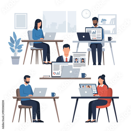 Diverse group of professionals working remotely on laptops.