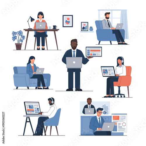 Diverse individuals working remotely on laptops.