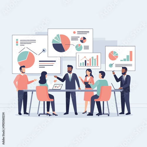 Business team analyzing data and charts in a meeting.