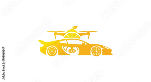 Sleek yellow sports car with a drone hovering above.