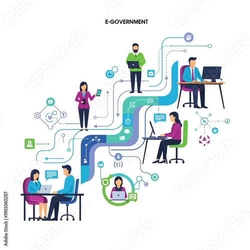 E-Government concept with people interacting with online services.