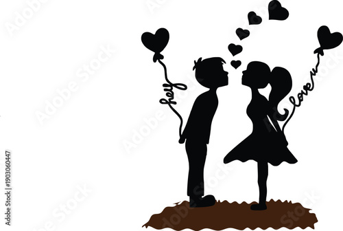 Silhouette of a young couple in silhouette kissing with heart-shaped balloons and the words 'hey' and 'love u' floating above them on a white background