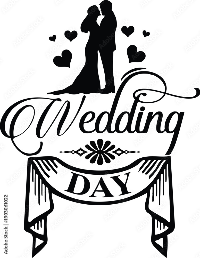 Obraz premium Wedding Day with silhouette of a couple embracing surrounded by hearts above script text and banner Keywords: wedding day, wedding, couple, silhouette