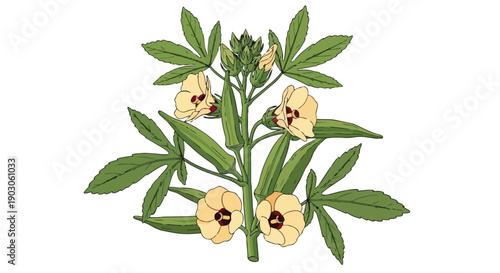 A precise botanical rendering of a healthy okra plant, showcasing its distinct green pods, lobed foliage, and charming pale yellow blossoms with