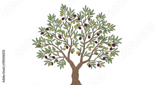 A stylized illustration featuring a healthy olive tree, its numerous branches displaying a bountiful harvest of green and dark purple olives. Lush