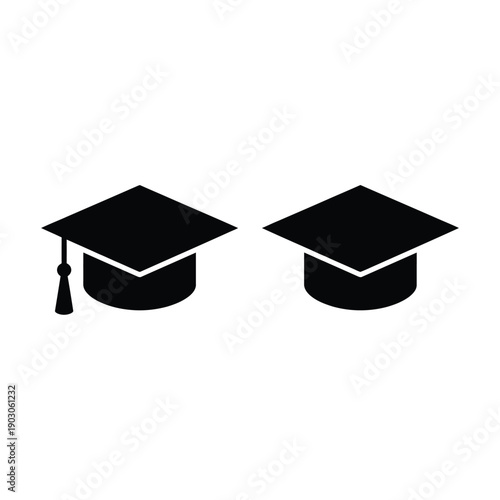 Two black graduation caps depicted as simple flat vector icons
