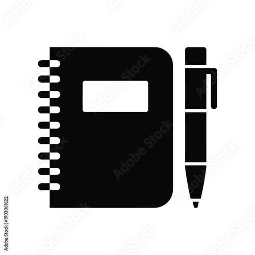 Simple black silhouette of a spiral notebook and writing pen