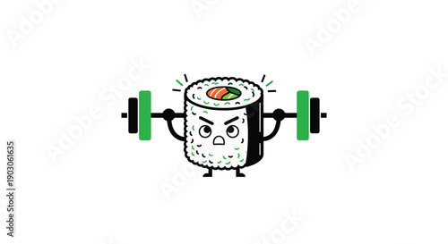 Strong sushi roll lifting weights in a fun cartoon style.