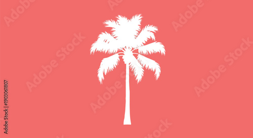 A beautifully rendered white palm tree silhouette stands boldly against a vibrant coral pink background, capturing the essence of tropical