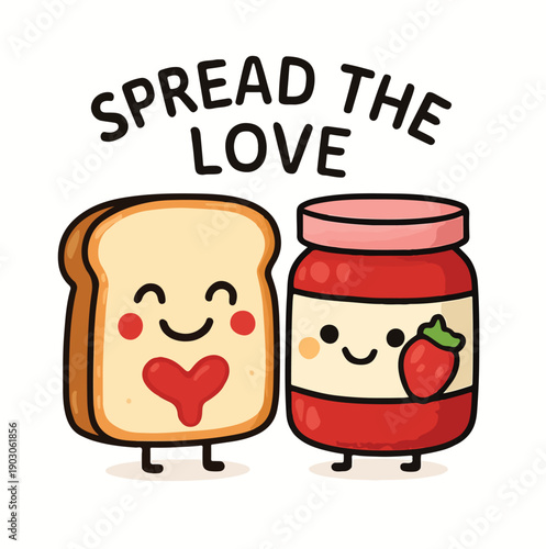 Adorable cartoon illustration featuring cute anthropomorphic bread slice character happily standing right next to a smiling strawberry jam jar expressing warm affection through a playful visual messag