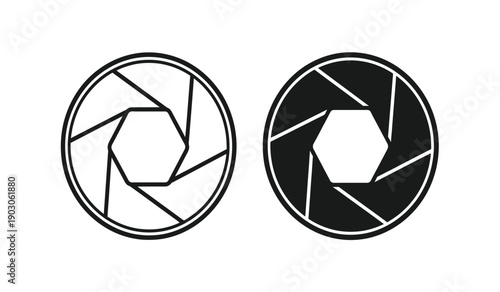 Camera lens aperture icons in black and white on a pure