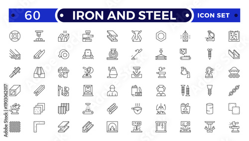 Iron and Steel products outline icons set. Set of long products, hot rolled steel, metal beams, rods, armature, pipes, pipe flange, wire coil, rabbits mesh roll vector icons. Metal outline icons set.