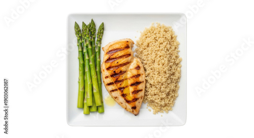 Принти на полотні Grilled chicken breast with asparagus and couscous isolated PNG, healthy balance