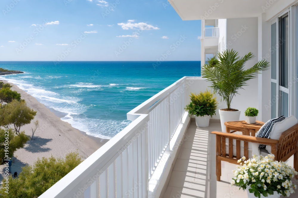 Fototapeta premium Balcony ocean view facing tropical beach resort