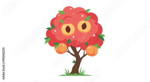 A charmingly animated peach tree illustration with a playful personality featuring a vibrant red canopy and delectable ripe fruits creating a