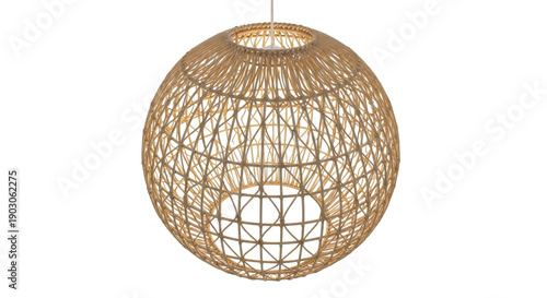 Wicker ball pendant lamp isolated PNG on transparent background, natural rattan light fixture for interior design and home decor