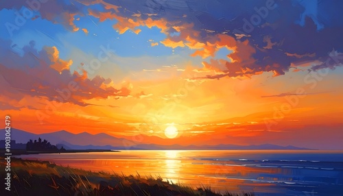 Sunset art Glowing sun reflecting on calm ocean, mountains & wispy clouds