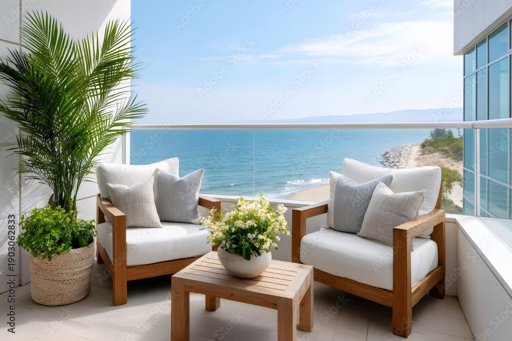 Obraz premium Ocean view balcony with modern patio furniture