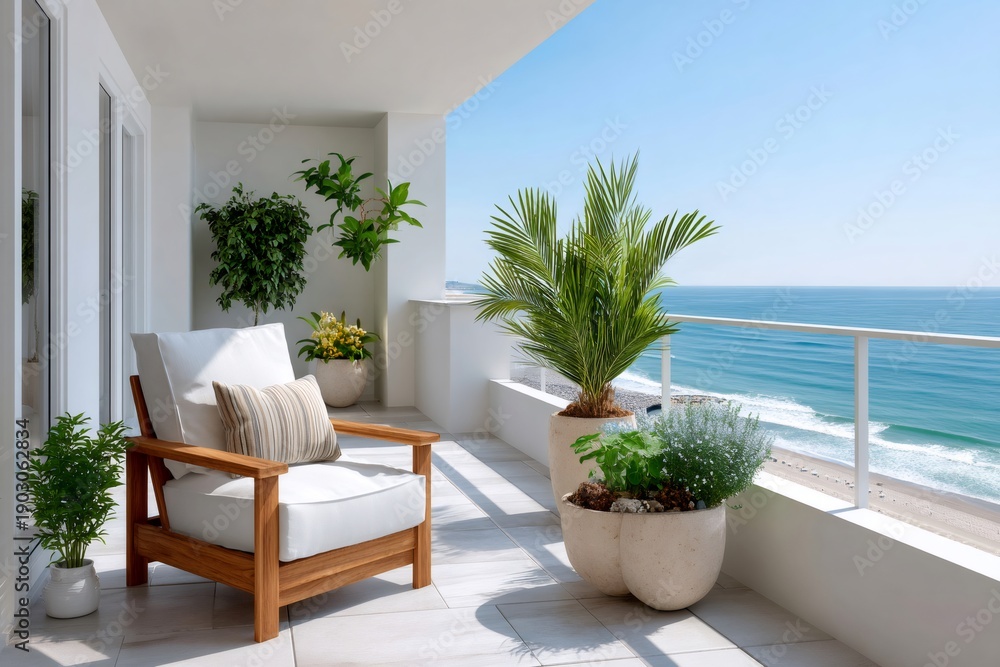 Naklejka premium Modern balcony with ocean view and relaxing armchair