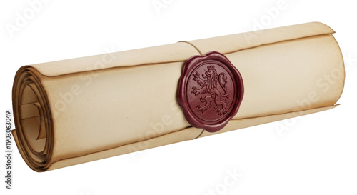 Fotografie Old parchment scroll with red wax seal isolated PNG, vintage paper roll with lio