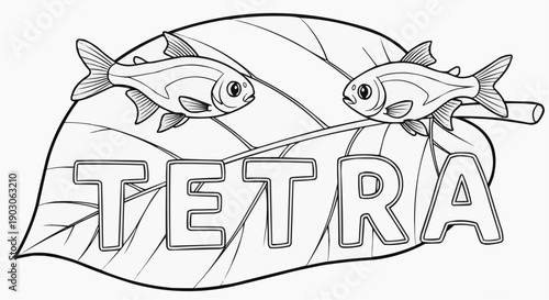 Coloring page of tetra fish resting on a leaf in an aquatic environment