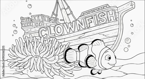 Coloring page of clownfish with anemone and sunken ship illustration