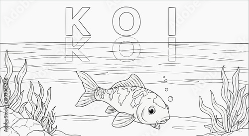 Coloring page of a koi fish swimming in a tranquil pond

