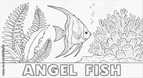 Coloring page of an angelfish swimming among coral and aquatic plants