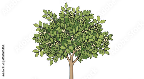 A vibrant botanical illustration featuring a leafy green tree with clusters of small light colored berries standing prominently against a pristine