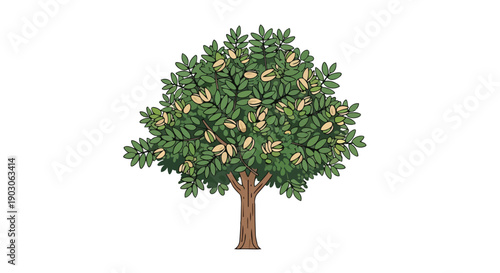 A vibrant illustration of a mature pistachio tree bearing its distinctive nuts, showcasing its leafy canopy.