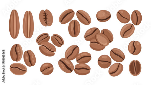 Collection of  Brown coffee beans on white background.