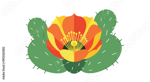 Vibrant blooming cactus flower illustration featuring desert plant vitality and colorful petals against a clean white backdrop a symbol of arid beauty