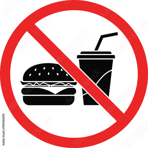 No food or drink prohibited sign with burger and soda cup icons inside red circle for restricted areas.