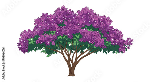 Stylized illustration of a brilliant violet blooming tree with rich green foliage