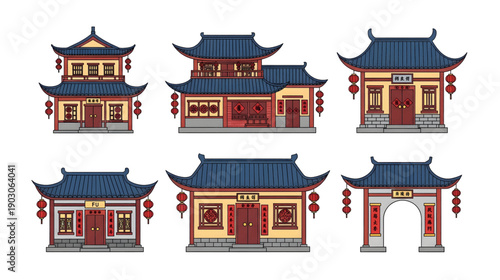 Collection of  Chinese traditional architecture temple gate.